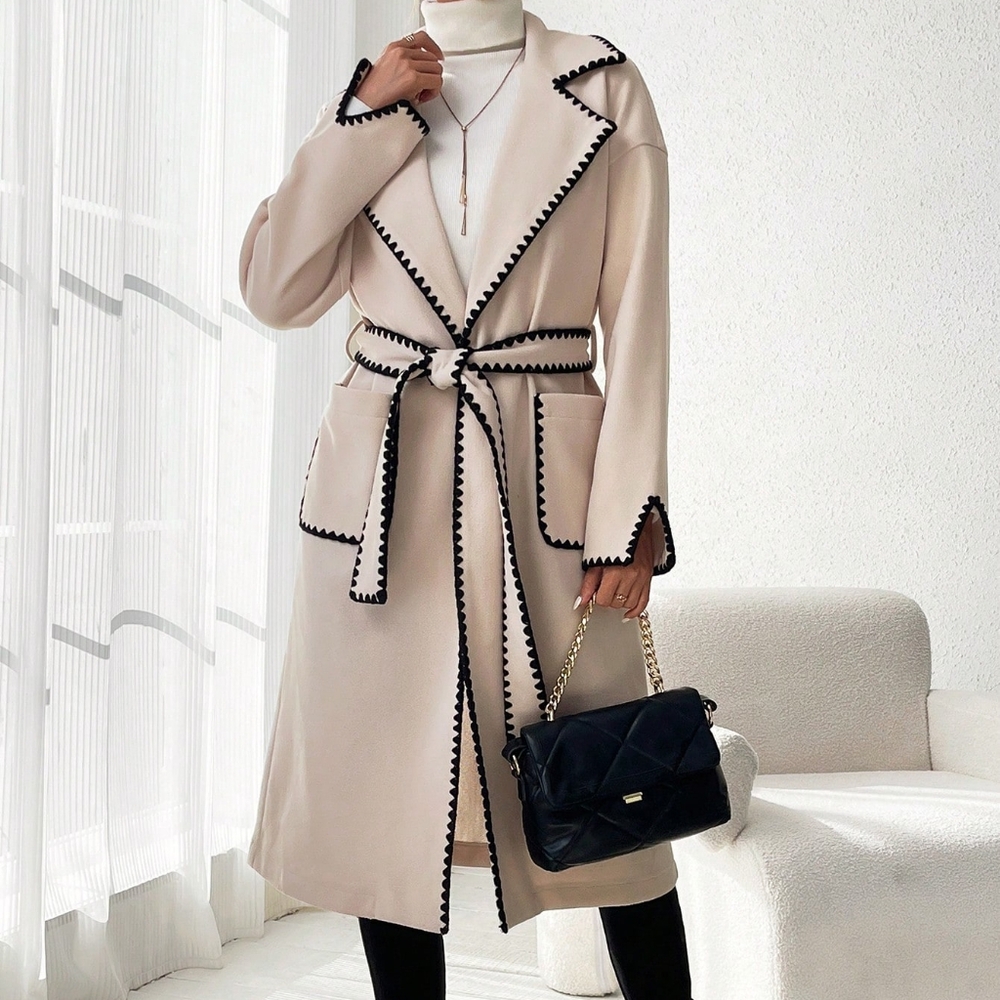 Colorblock Edging Belted Woolen Coat With Double Pockets - Picture 5 of 6